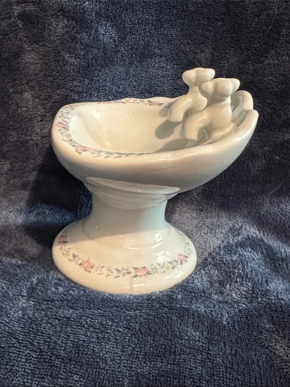 White Ceramic Pedestal Soap Dish with Pink Floral Trim